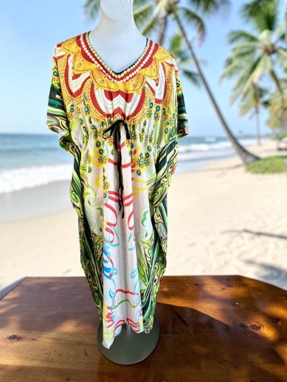 Tamsy Colorful Graphic Print Caftan Beach Cover up Drawstring Front  One Size